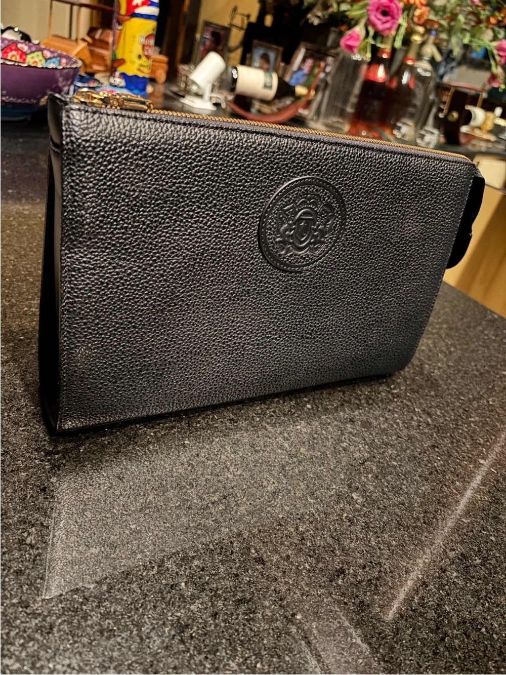 a. testoni Black Pebbled Leather Zip Pouch with Embossed Logo